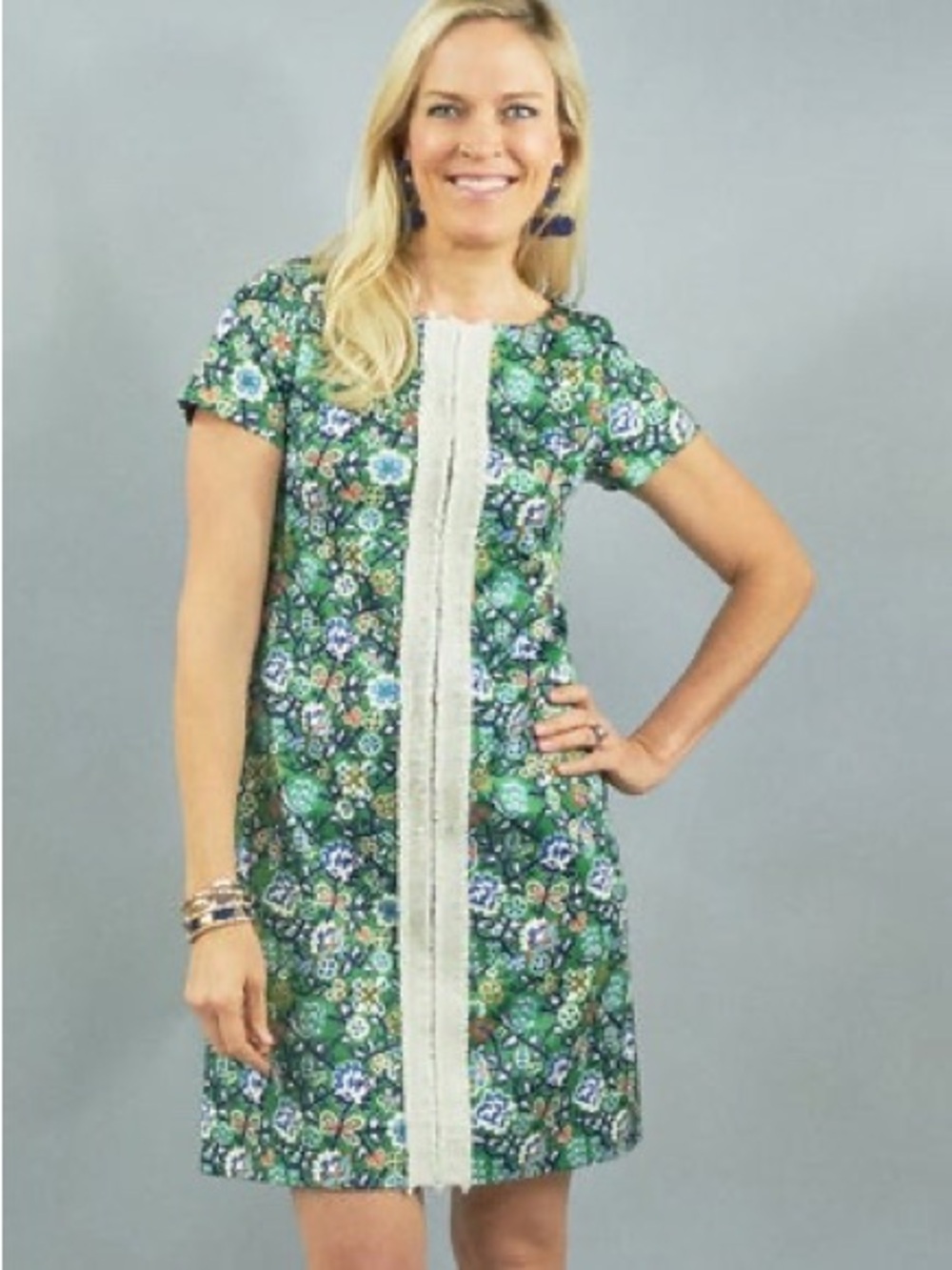 CK BRADLEY Green Floral Shift Dress with Cream Lace Trim